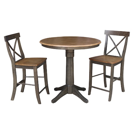 International Concepts Round 36 in Rd Ped Gathering Ht Table, 2 X-Back Counter Ht Stools, Hickory/Coal, 36 in W, 36 in L K45-36RT-27B-S6132-2